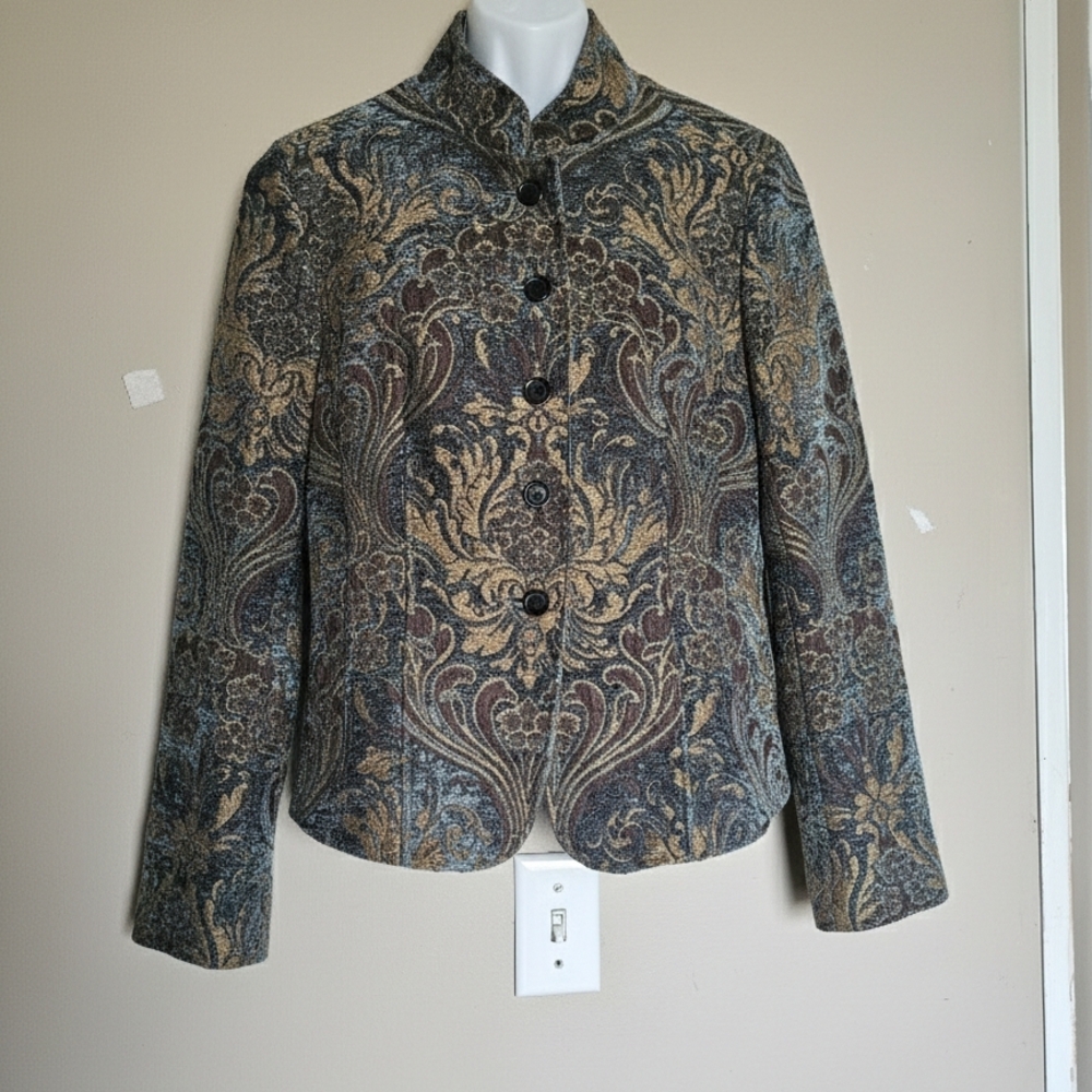 Coldwater Creek Black and Gold Brocade Blazer